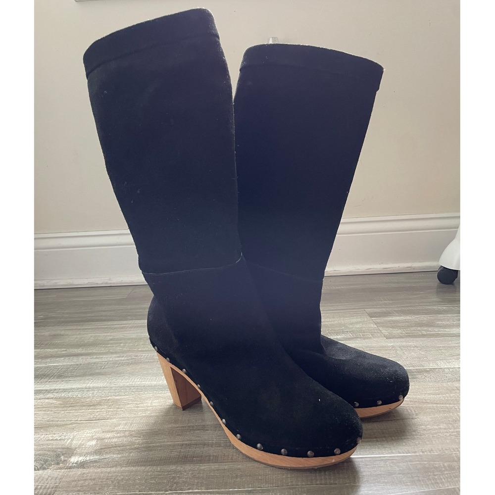Banana Republic Suede Clog Boots Wooden Platform Studded Mid Calf Black 9M Y2K